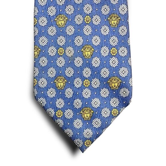 Versace Medusa Head Baroque Silk Necktie Blue Yellow Luxury Designer Tie - Picture 3 of 8